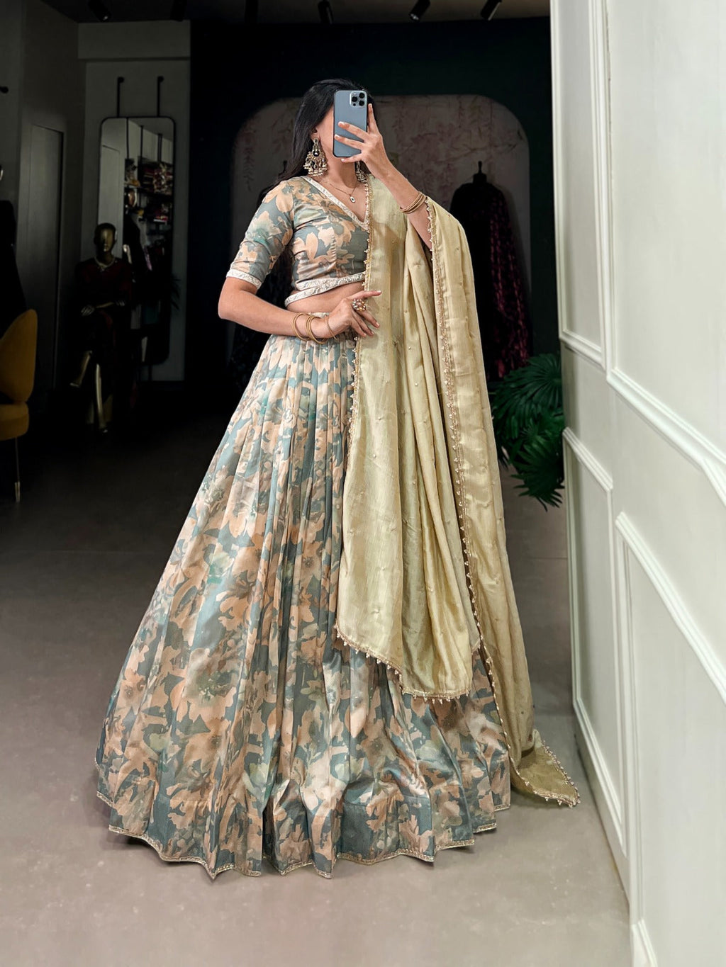Lorenvalley Seagreen Tussar Silk Printed with Lace Touch Up Lehenga Choli | Grocsy