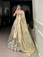Lorenvalley Seagreen Tussar Silk Printed with Lace Touch Up Lehenga Choli | Grocsy