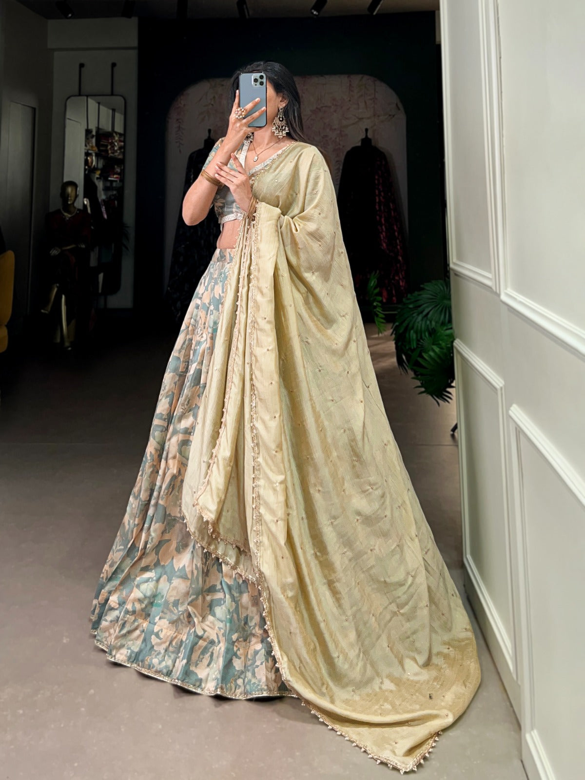 Lorenvalley Seagreen Tussar Silk Printed with Lace Touch Up Lehenga Choli | Grocsy