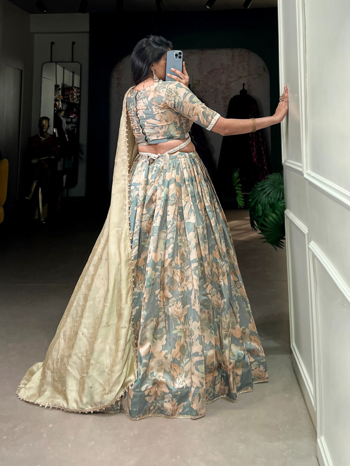 Lorenvalley Seagreen Tussar Silk Printed with Lace Touch Up Lehenga Choli | Grocsy