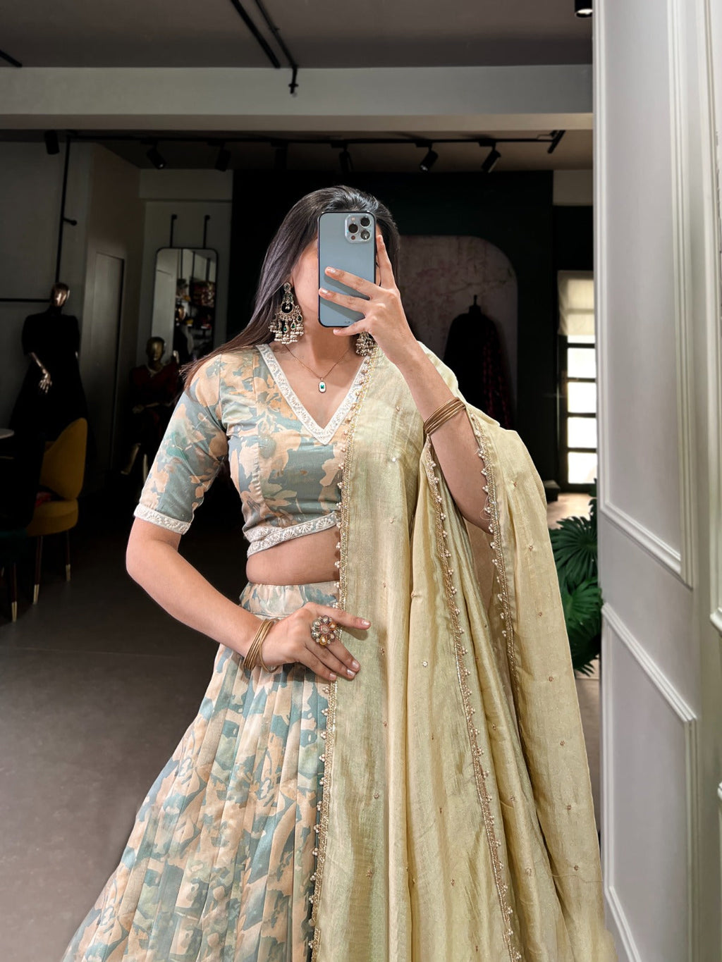 Lorenvalley Seagreen Tussar Silk Printed with Lace Touch Up Lehenga Choli | Grocsy