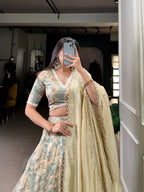 Lorenvalley Seagreen Tussar Silk Printed with Lace Touch Up Lehenga Choli | Grocsy