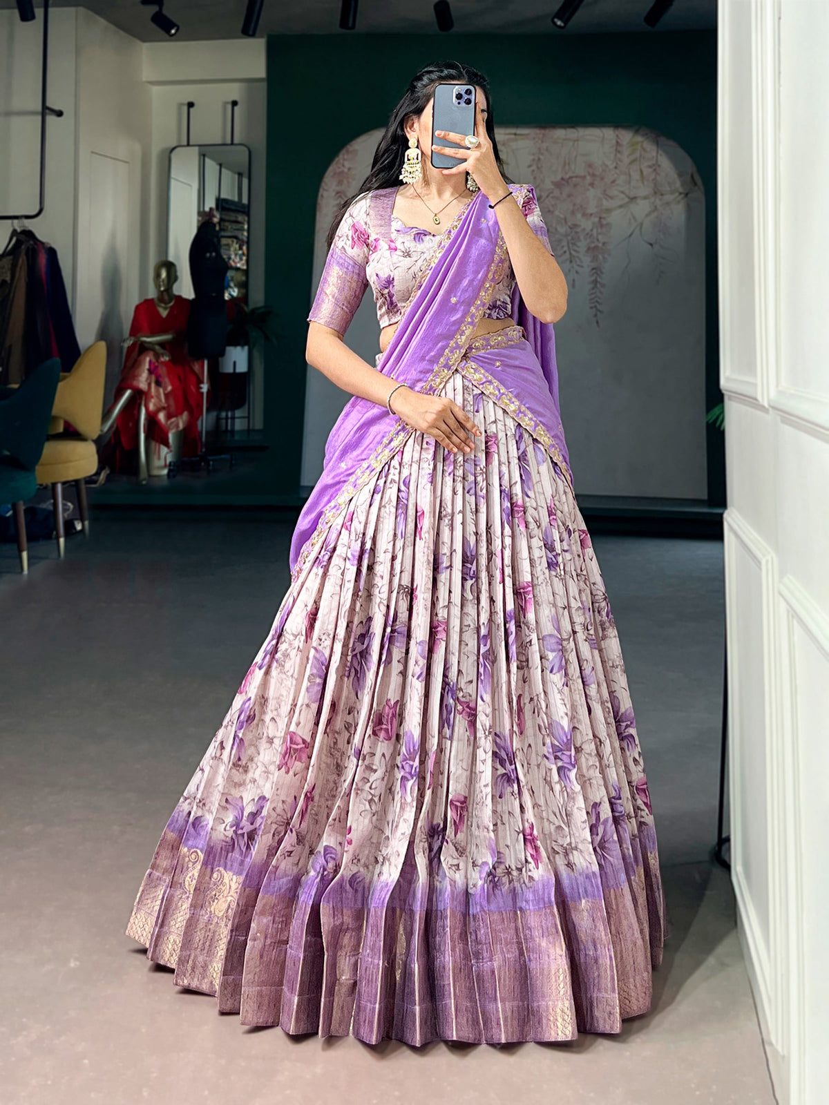 Lorenvalley Fashion Lavender Dola Chex Floral Printed With Zari Weaving Work Lehenga Choli With Dupatta | Grocsy