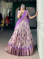Lorenvalley Fashion Lavender Dola Chex Floral Printed With Zari Weaving Work Lehenga Choli With Dupatta | Grocsy