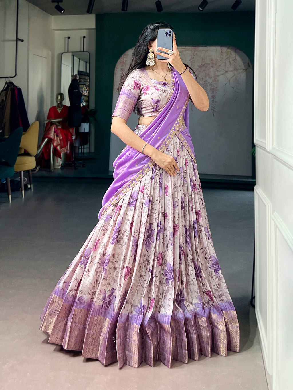 Lorenvalley Fashion Lavender Dola Chex Floral Printed With Zari Weaving Work Lehenga Choli With Dupatta | Grocsy