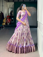 Lorenvalley Fashion Lavender Dola Chex Floral Printed With Zari Weaving Work Lehenga Choli With Dupatta | Grocsy