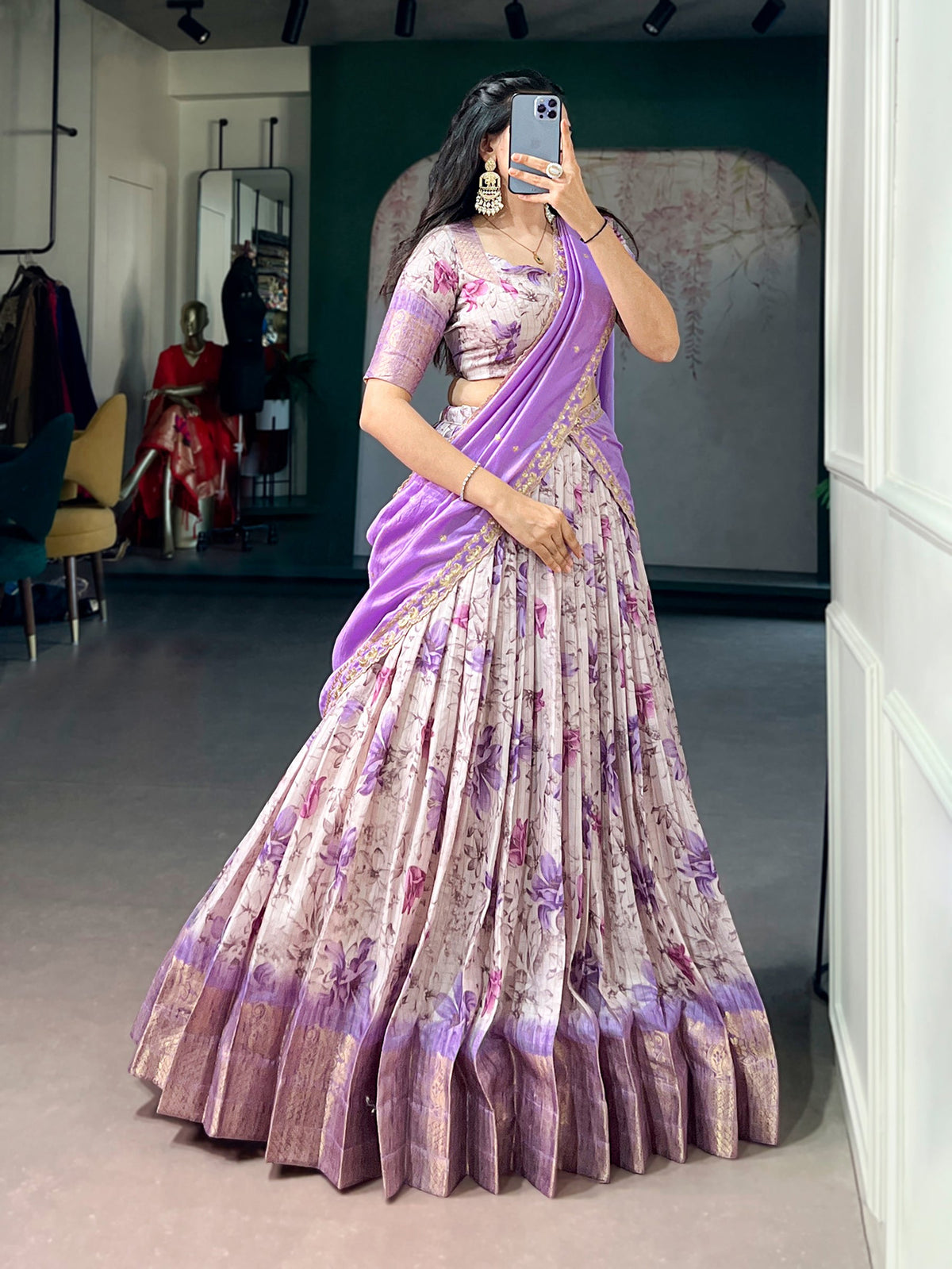 Lorenvalley Fashion Lavender Dola Chex Floral Printed With Zari Weaving Work Lehenga Choli With Dupatta | Grocsy