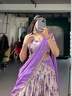 Lorenvalley Fashion Lavender Dola Chex Floral Printed With Zari Weaving Work Lehenga Choli With Dupatta | Grocsy