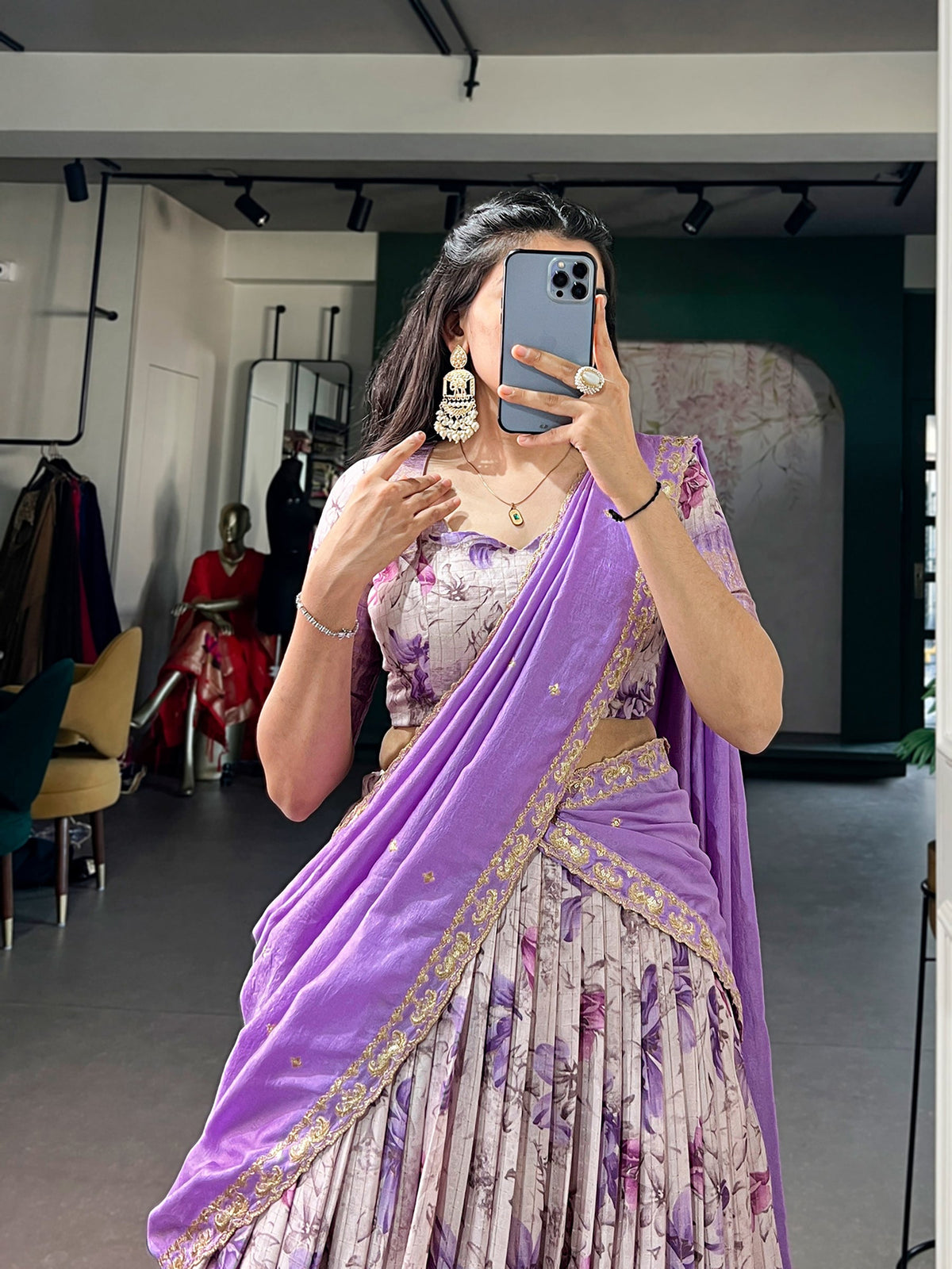 Lorenvalley Fashion Lavender Dola Chex Floral Printed With Zari Weaving Work Lehenga Choli With Dupatta | Grocsy