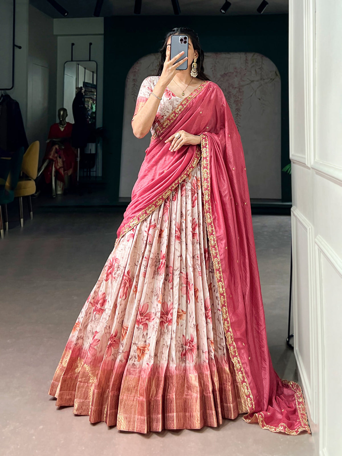 Lorenvalley Fashion Red Dola Chex Floral Printed With Zari Weaving Work Lehenga Choli With Dupatta | Grocsy