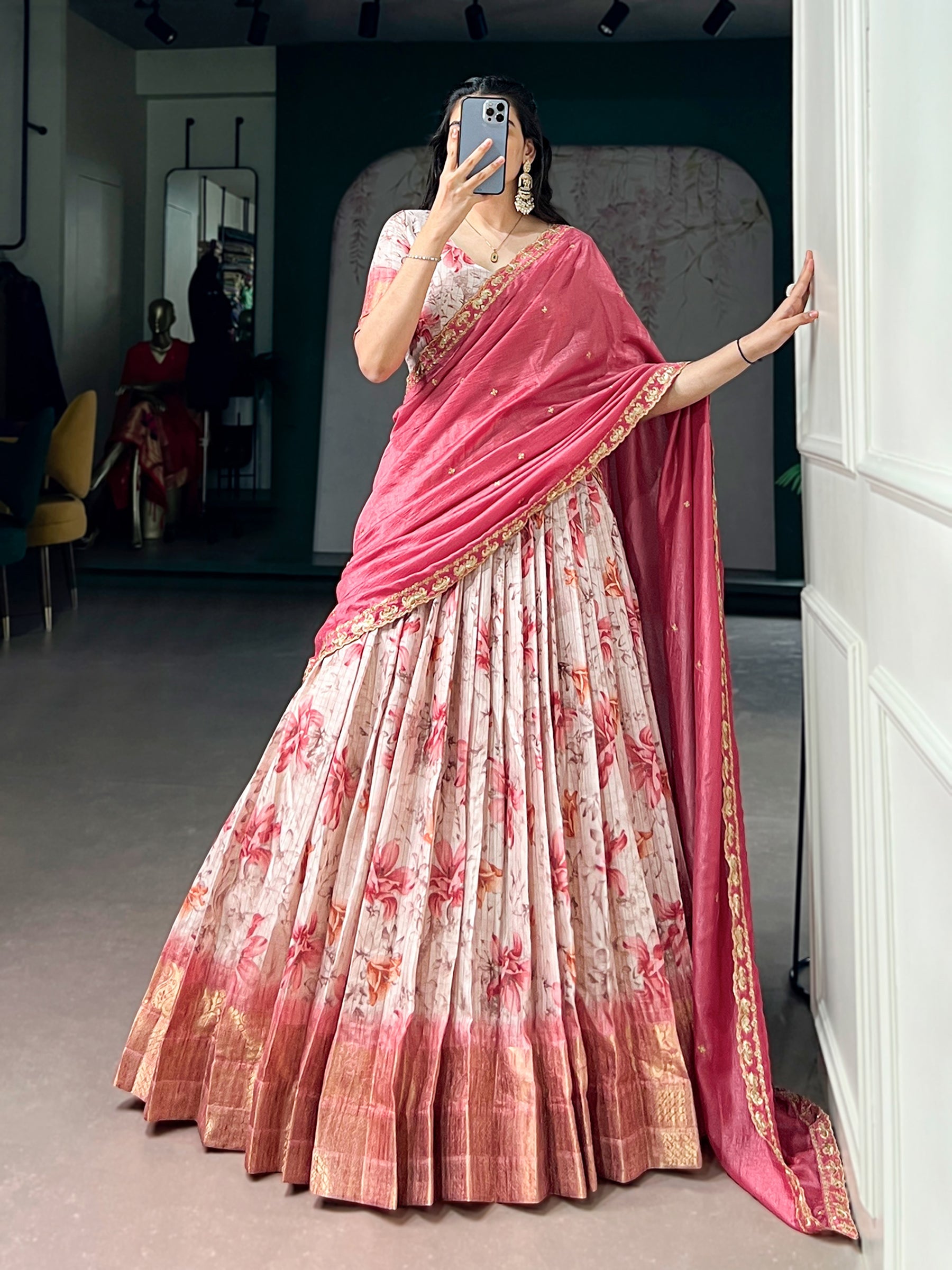 Lorenvalley Fashion Red Dola Chex Floral Printed With Zari Weaving Work Lehenga Choli With Dupatta | Grocsy