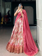 Lorenvalley Fashion Red Dola Chex Floral Printed With Zari Weaving Work Lehenga Choli With Dupatta | Grocsy