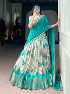 Lorenvalley Fashion Teal Dola Chex Floral Printed With Zari Weaving Work Lehenga Choli With Dupatta | Grocsy
