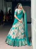 Lorenvalley Fashion Teal Dola Chex Floral Printed With Zari Weaving Work Lehenga Choli With Dupatta | Grocsy