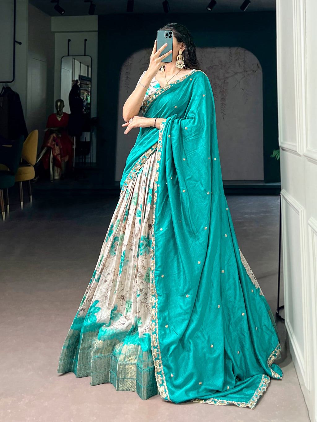 Lorenvalley Fashion Teal Dola Chex Floral Printed With Zari Weaving Work Lehenga Choli With Dupatta | Grocsy