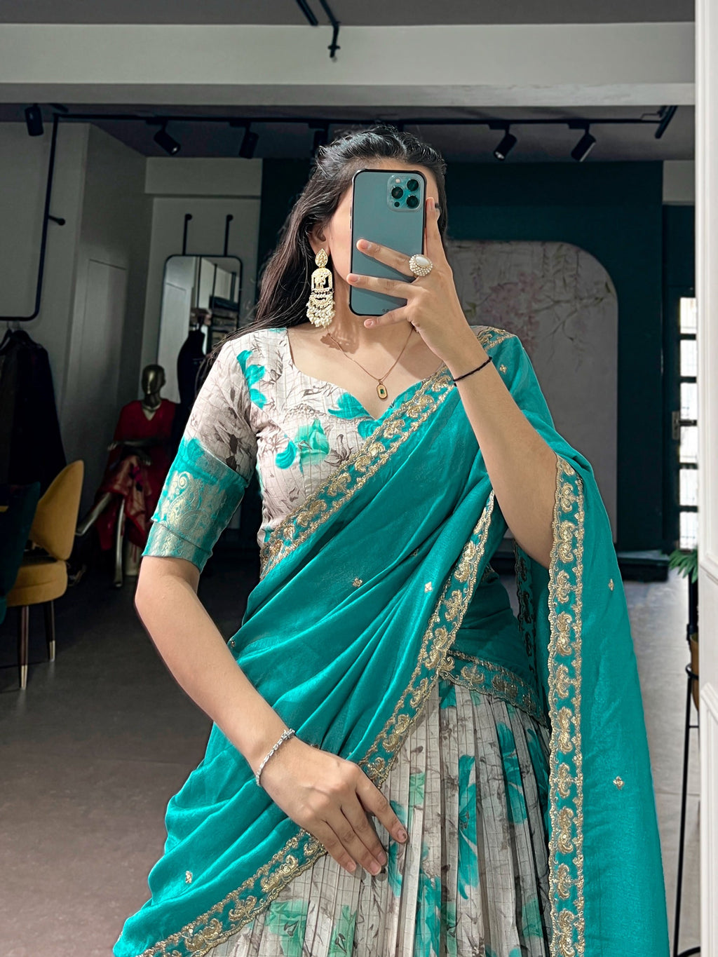 Lorenvalley Fashion Teal Dola Chex Floral Printed With Zari Weaving Work Lehenga Choli With Dupatta | Grocsy