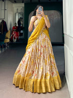 Lorenvalley Fashion Yellow Dola Chex Floral Printed With Zari Weaving Work Lehenga Choli With Dupatta | Grocsy