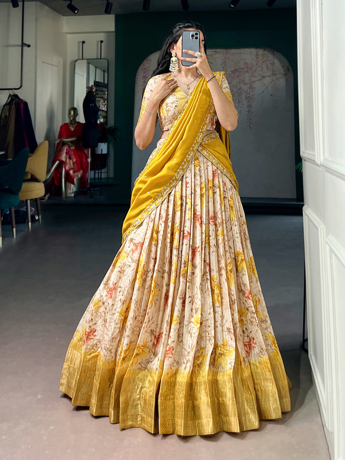 Lorenvalley Fashion Yellow Dola Chex Floral Printed With Zari Weaving Work Lehenga Choli With Dupatta | Grocsy