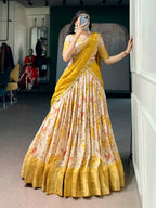 Lorenvalley Fashion Yellow Dola Chex Floral Printed With Zari Weaving Work Lehenga Choli With Dupatta | Grocsy