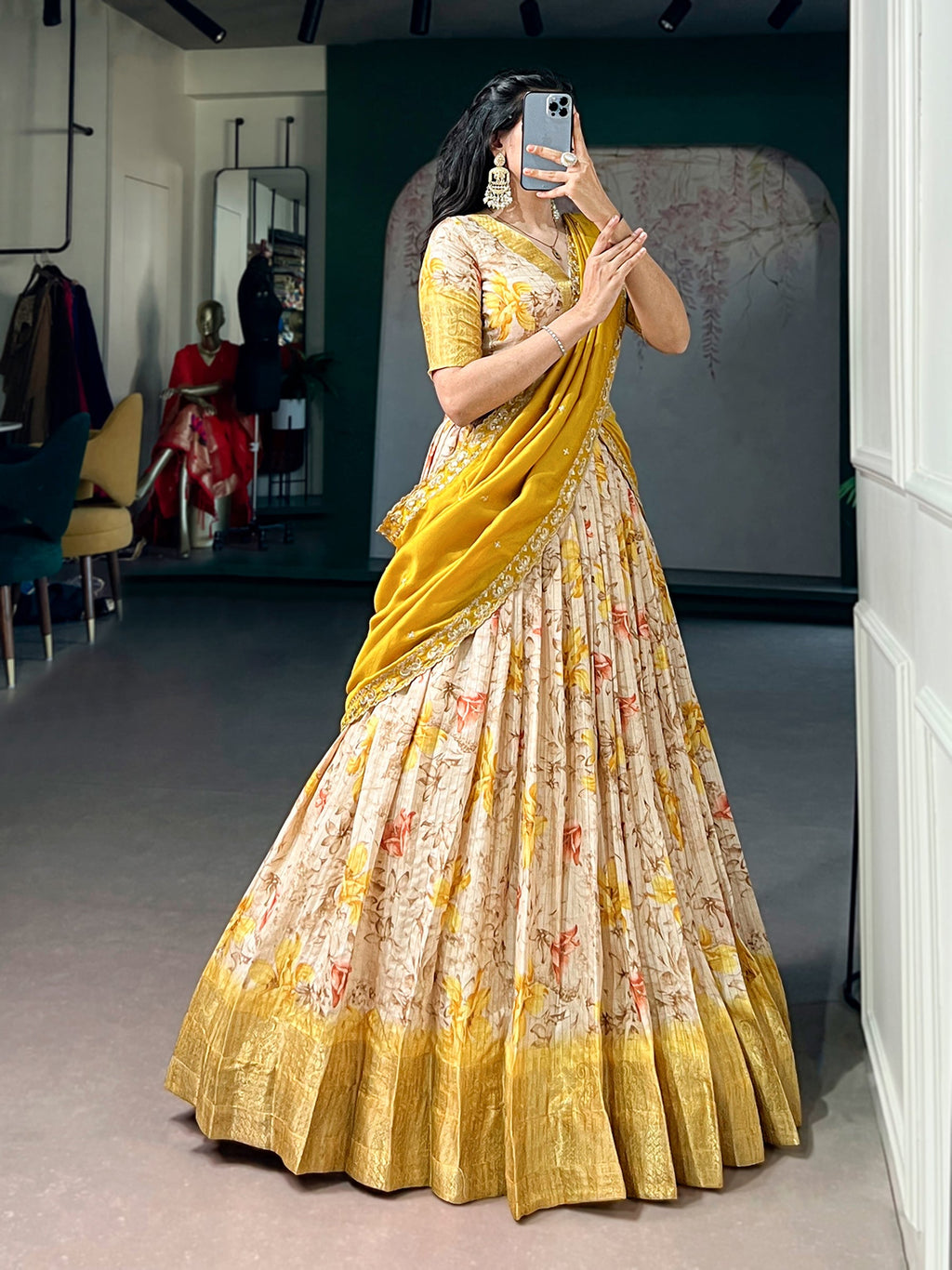 Lorenvalley Fashion Yellow Dola Chex Floral Printed With Zari Weaving Work Lehenga Choli With Dupatta | Grocsy
