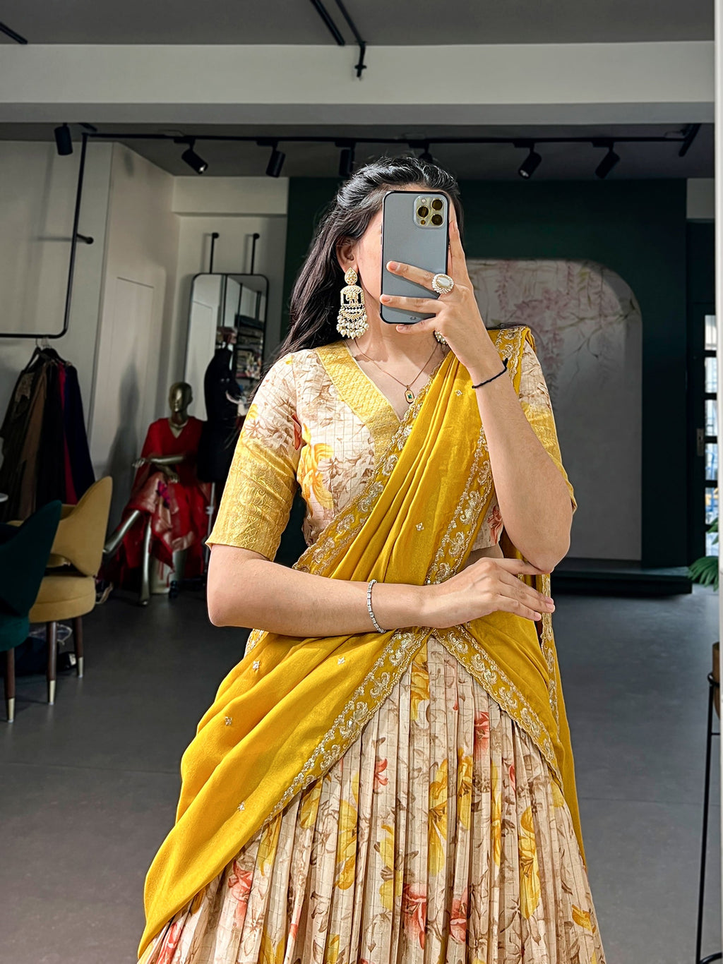 Lorenvalley Fashion Yellow Dola Chex Floral Printed With Zari Weaving Work Lehenga Choli With Dupatta | Grocsy