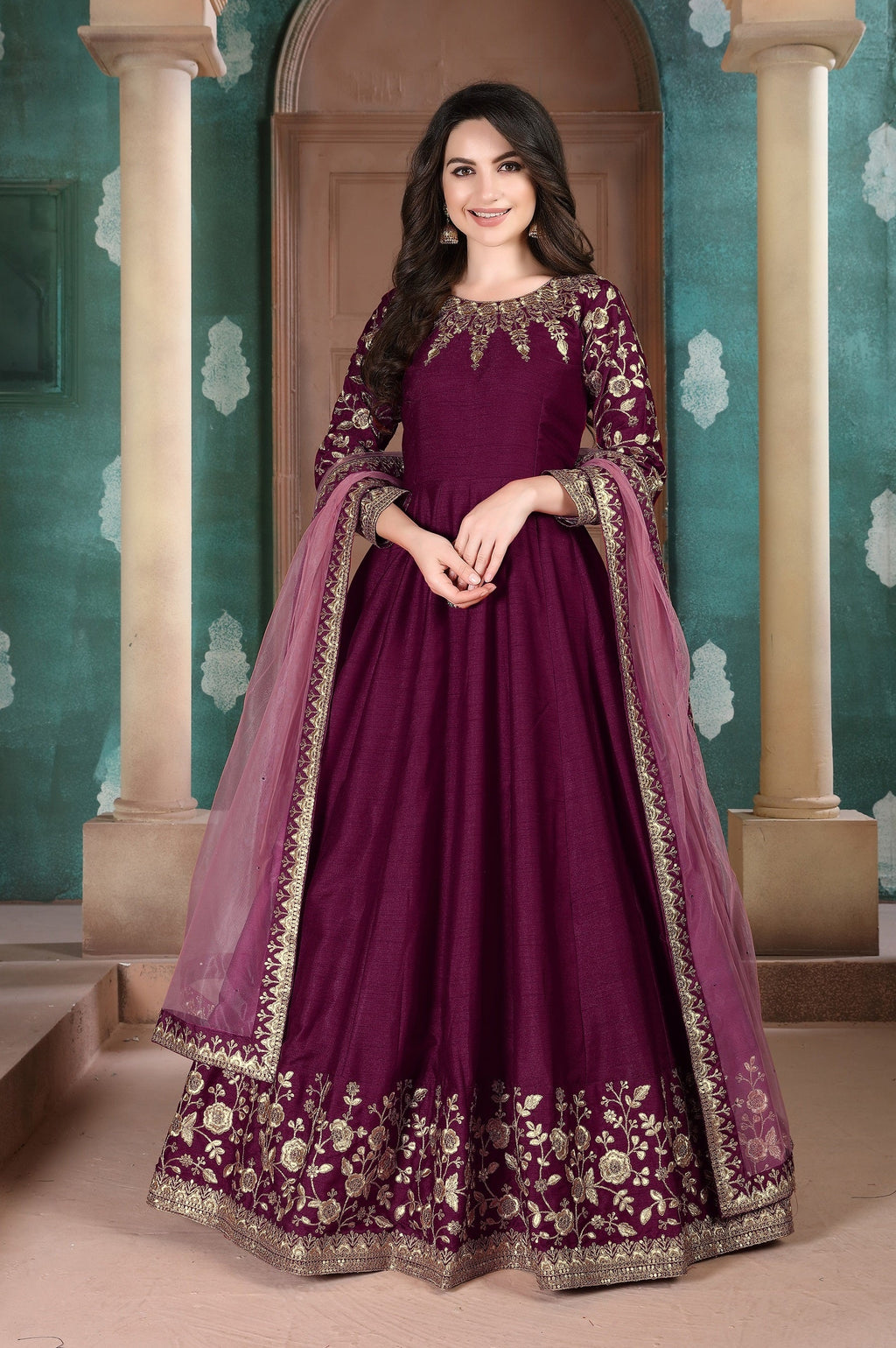 Anaita Purple Embroidered Adda Silk Anarkali Suit | Grocsy