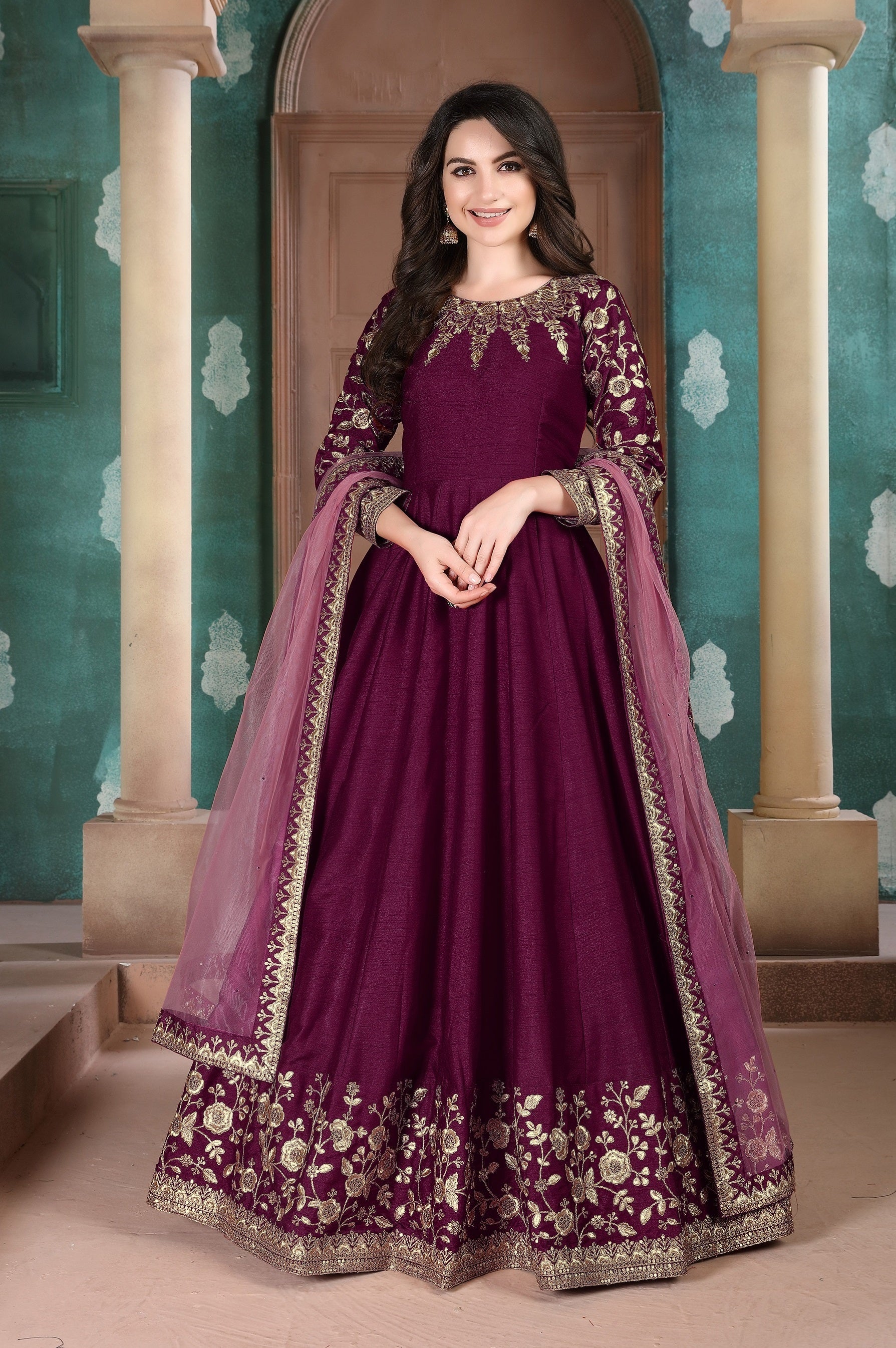 Anaita Purple Embroidered Adda Silk Anarkali Suit | Grocsy