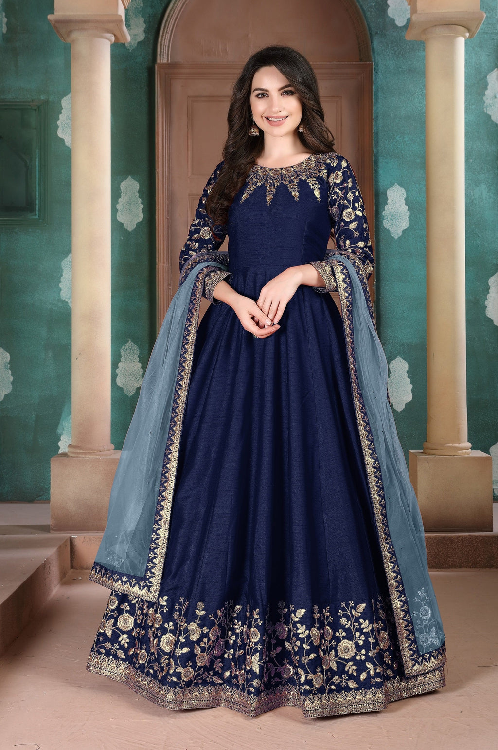 Anaita Navy Blue Embroidered Adda Silk Anarkali Suit | Grocsy