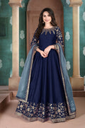 Anaita Navy Blue Embroidered Adda Silk Anarkali Suit | Grocsy