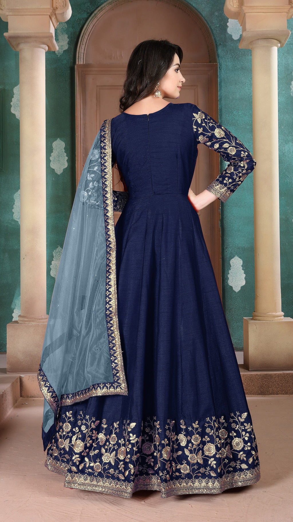 Anaita Navy Blue Embroidered Adda Silk Anarkali Suit | Grocsy