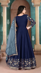 Anaita Navy Blue Embroidered Adda Silk Anarkali Suit | Grocsy