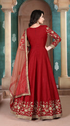 Anaita Red Embroidered Adda Silk Anarkali Suit | Grocsy