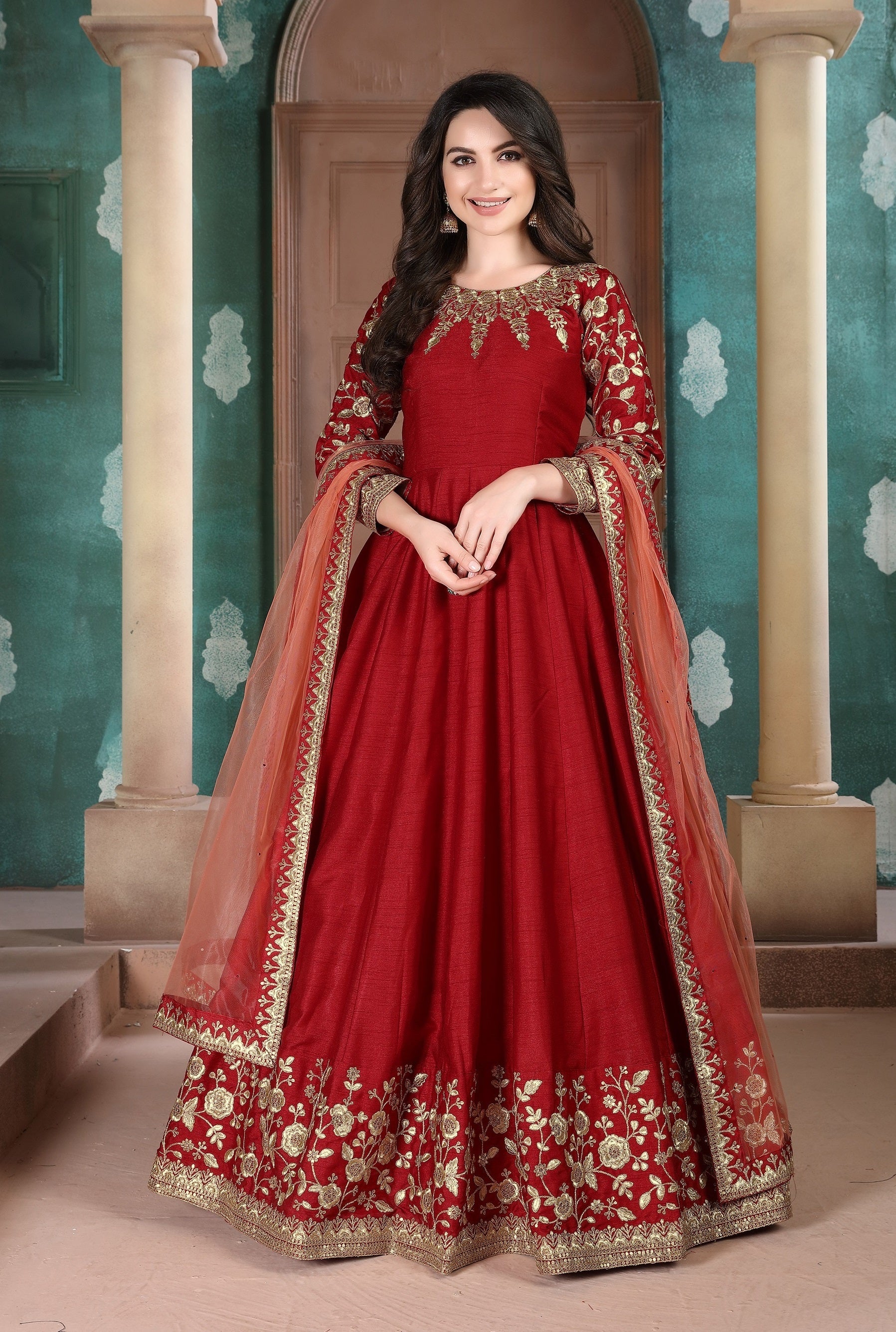Anaita Red Embroidered Adda Silk Anarkali Suit | Grocsy