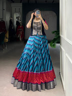 Lorenvalley Fashion Firozi Tasar Silk Leheriya Print With Zari Weaving Work Lehenga Choli | Grocsy
