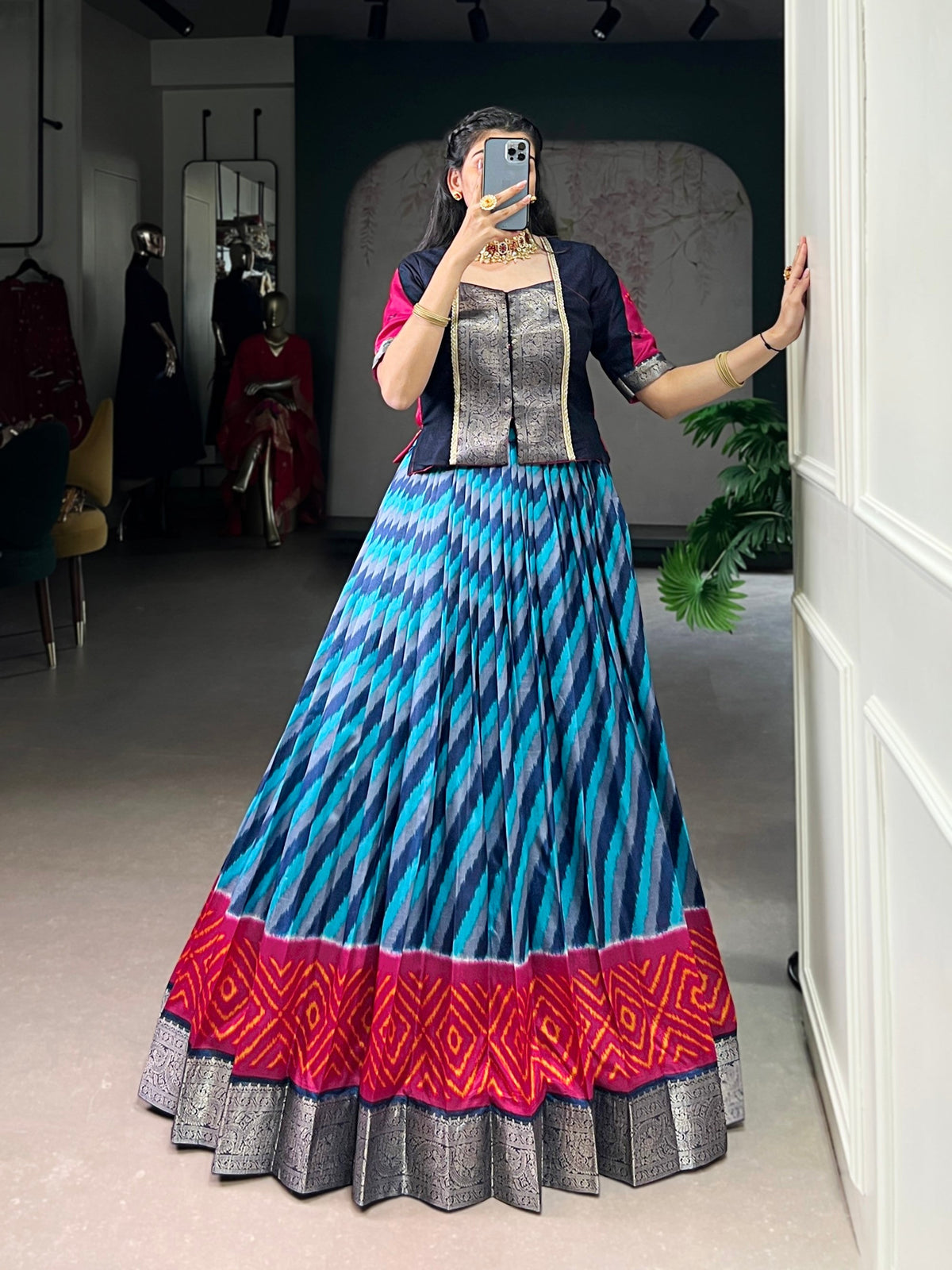 Lorenvalley Fashion Firozi Tasar Silk Leheriya Print With Zari Weaving Work Lehenga Choli | Grocsy