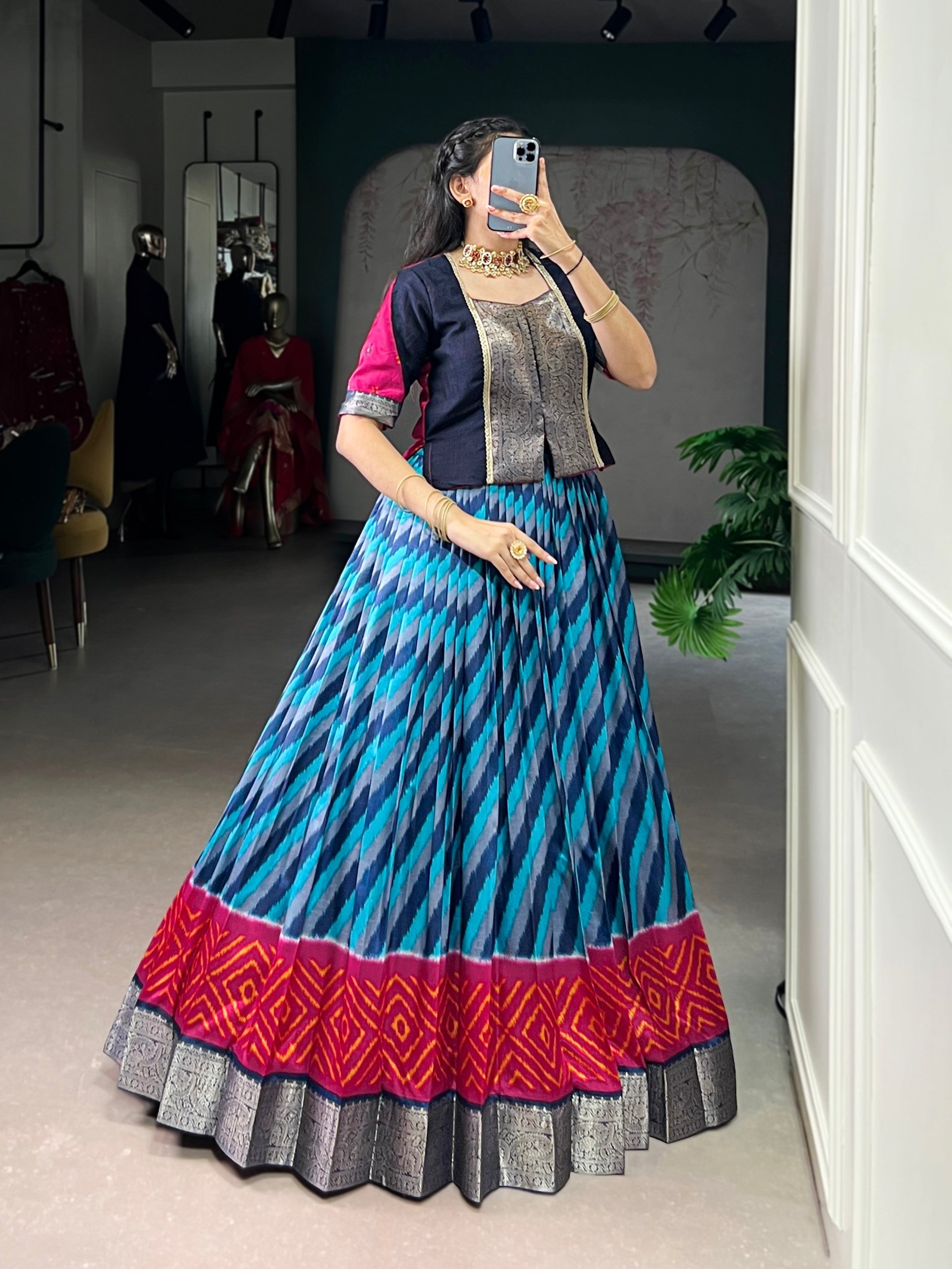 Lorenvalley Fashion Firozi Tasar Silk Leheriya Print With Zari Weaving Work Lehenga Choli | Grocsy