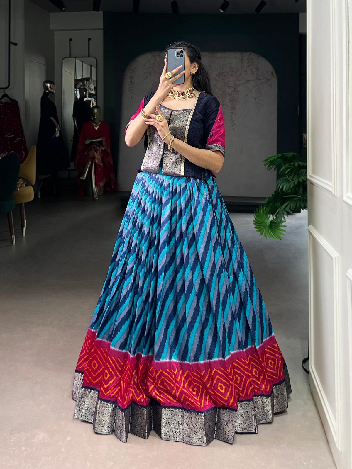 Lorenvalley Fashion Firozi Tasar Silk Leheriya Print With Zari Weaving Work Lehenga Choli | Grocsy
