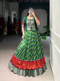 Lorenvalley Fashion Green Tasar Silk Leheriya Print With Zari Weaving Work Lehenga Choli | Grocsy