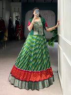 Lorenvalley Fashion Green Tasar Silk Leheriya Print With Zari Weaving Work Lehenga Choli | Grocsy
