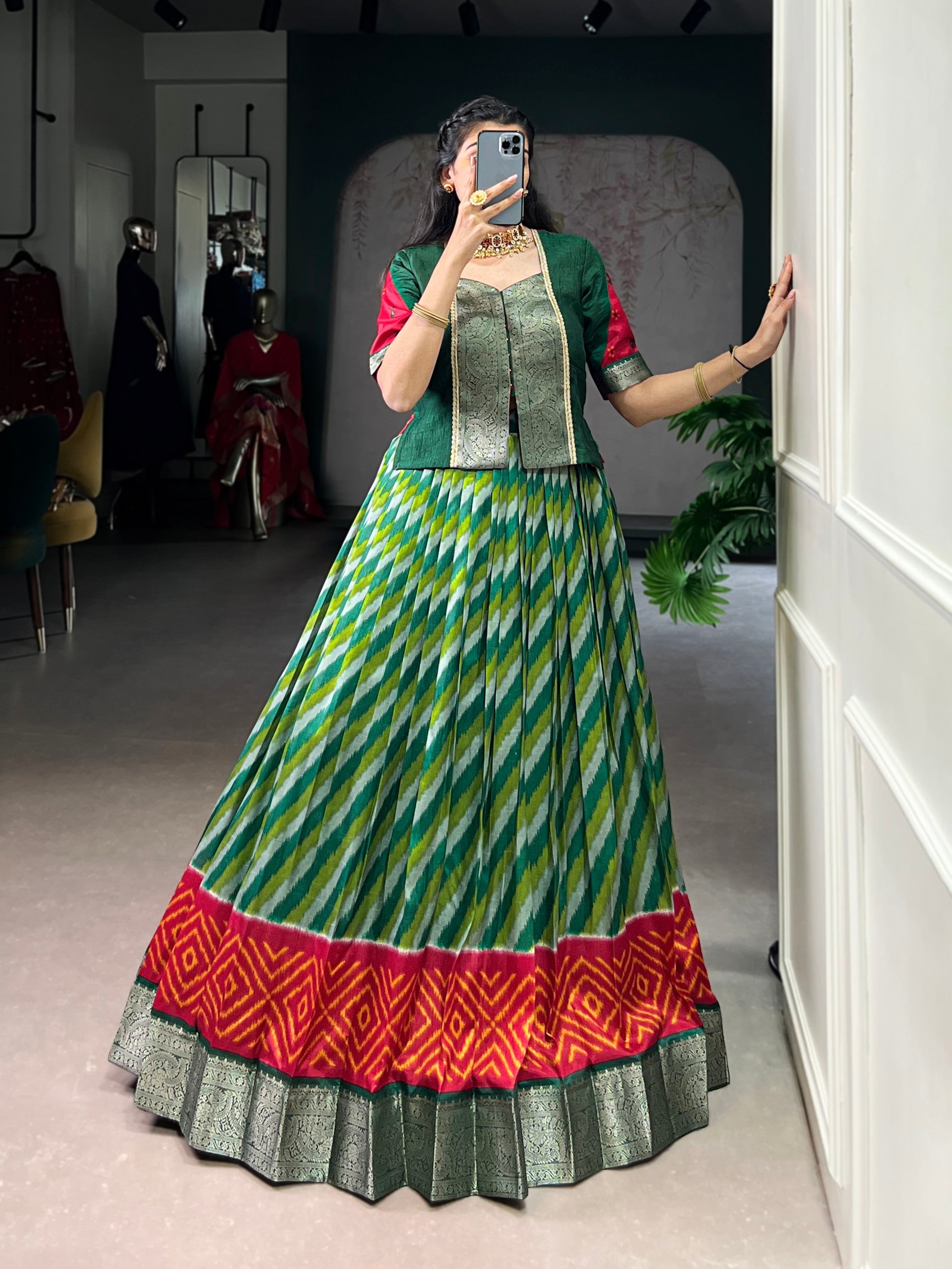 Lorenvalley Fashion Green Tasar Silk Leheriya Print With Zari Weaving Work Lehenga Choli | Grocsy