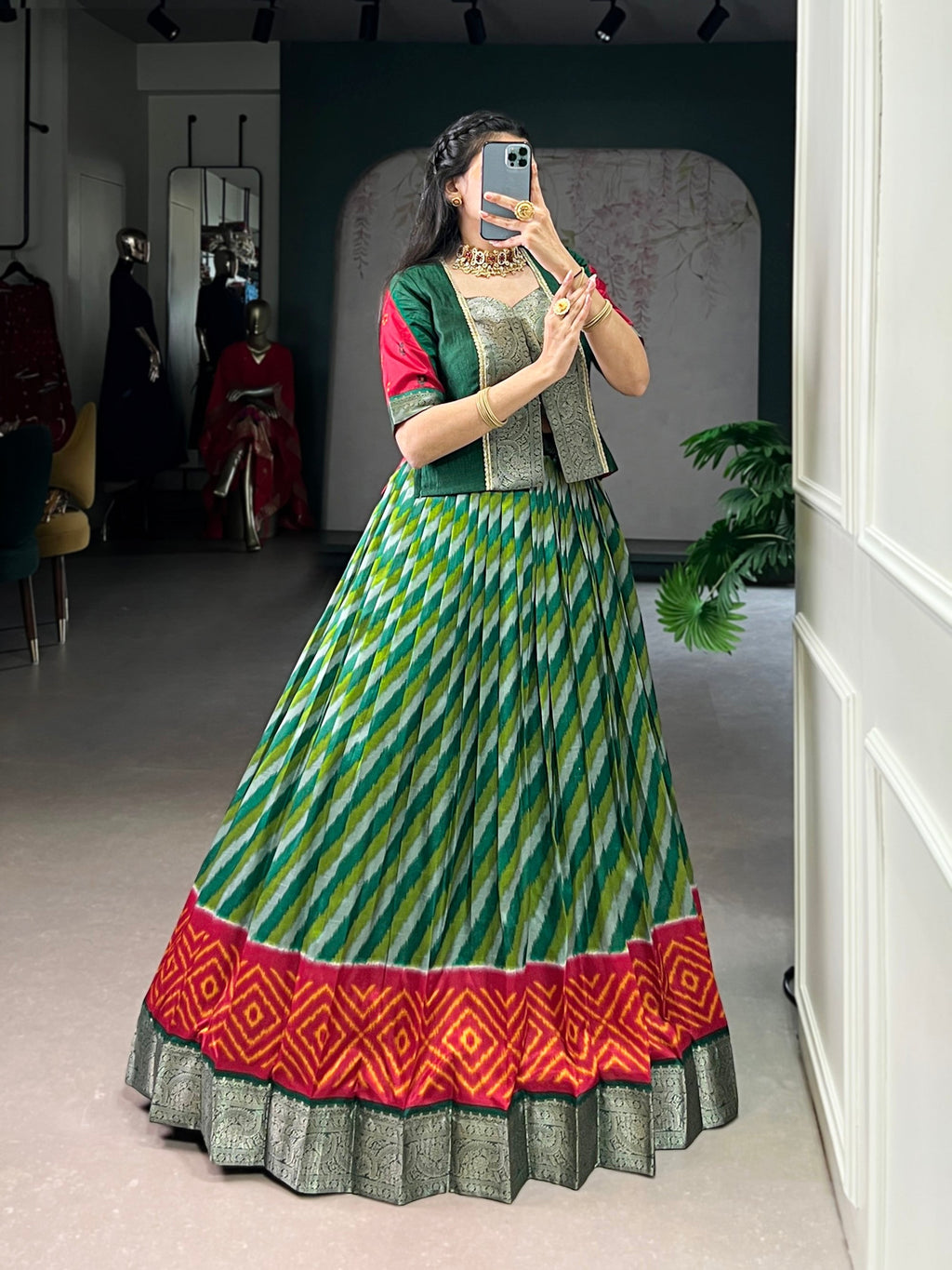 Lorenvalley Fashion Green Tasar Silk Leheriya Print With Zari Weaving Work Lehenga Choli | Grocsy