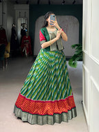 Lorenvalley Fashion Green Tasar Silk Leheriya Print With Zari Weaving Work Lehenga Choli | Grocsy