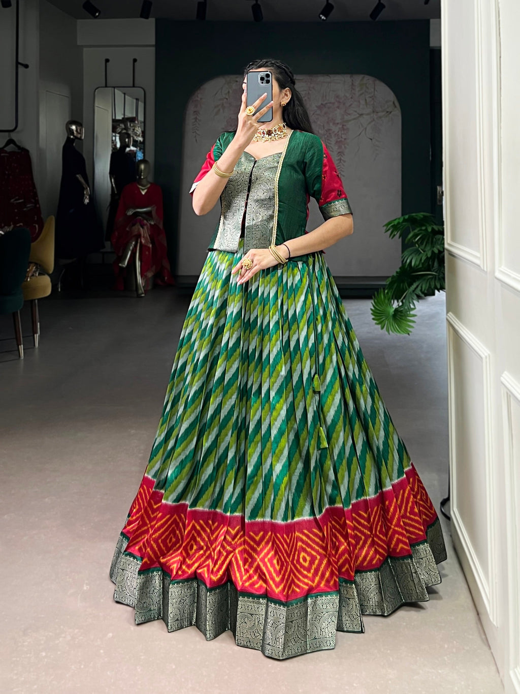 Lorenvalley Fashion Green Tasar Silk Leheriya Print With Zari Weaving Work Lehenga Choli | Grocsy