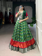 Lorenvalley Fashion Green Tasar Silk Leheriya Print With Zari Weaving Work Lehenga Choli | Grocsy