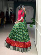 Lorenvalley Fashion Green Tasar Silk Leheriya Print With Zari Weaving Work Lehenga Choli | Grocsy