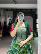 Lorenvalley Fashion Green Tasar Silk Leheriya Print With Zari Weaving Work Lehenga Choli | Grocsy