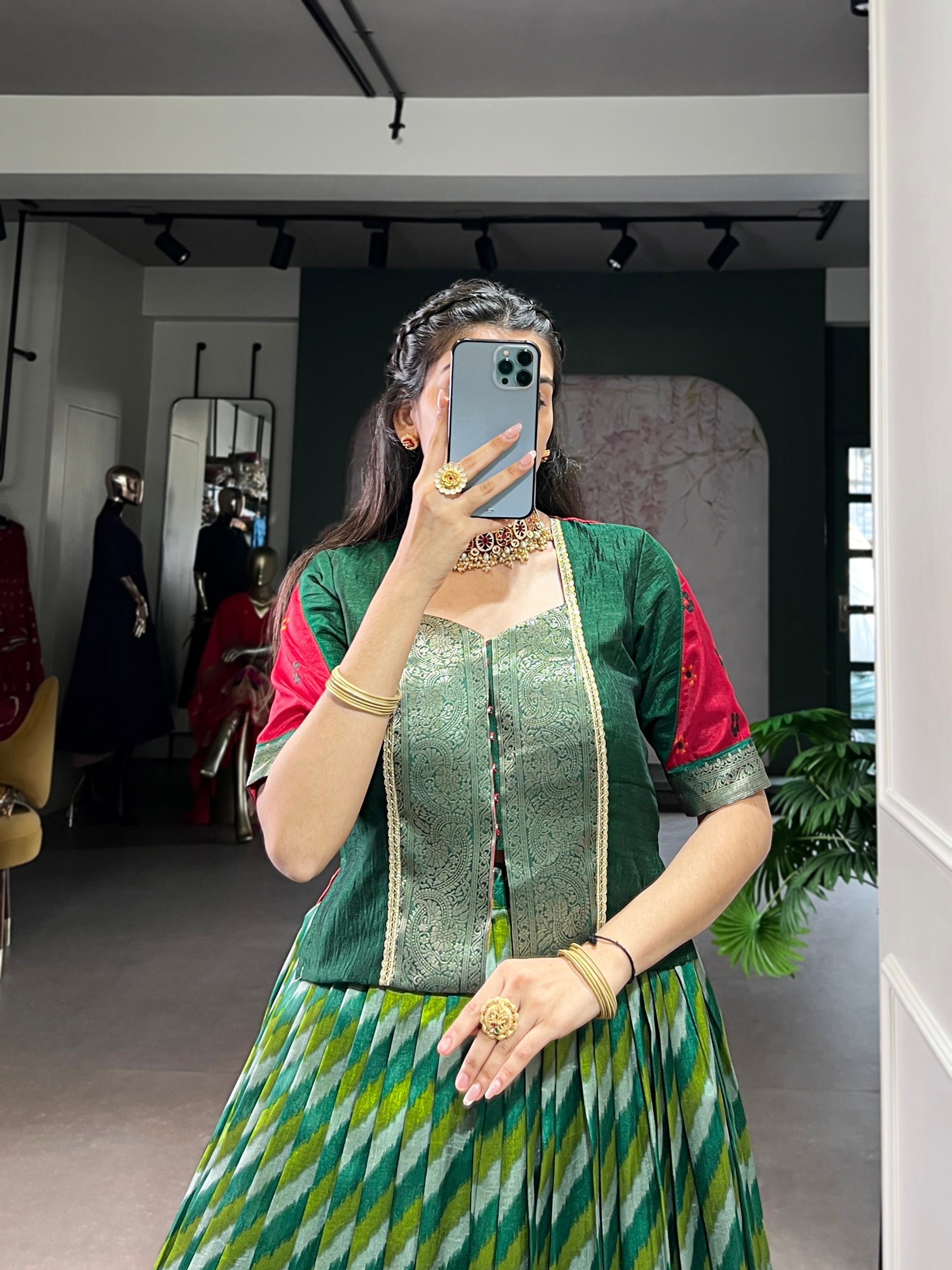 Lorenvalley Fashion Green Tasar Silk Leheriya Print With Zari Weaving Work Lehenga Choli | Grocsy