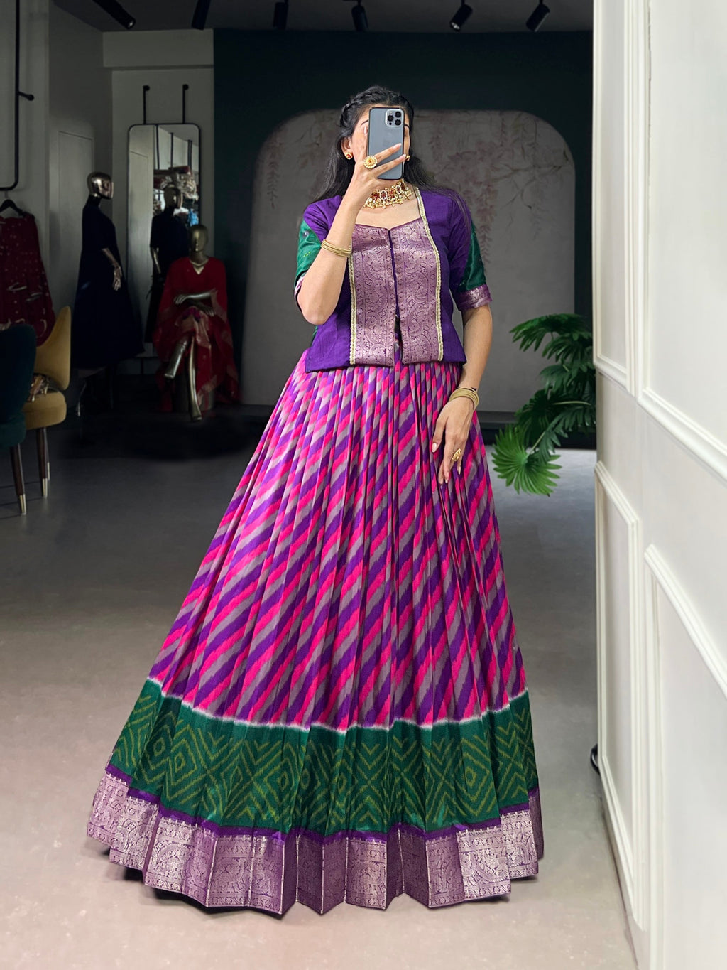 Lorenvalley Fashion Purple Tasar Silk Leheriya Print With Zari Weaving Work Lehenga Choli | Grocsy