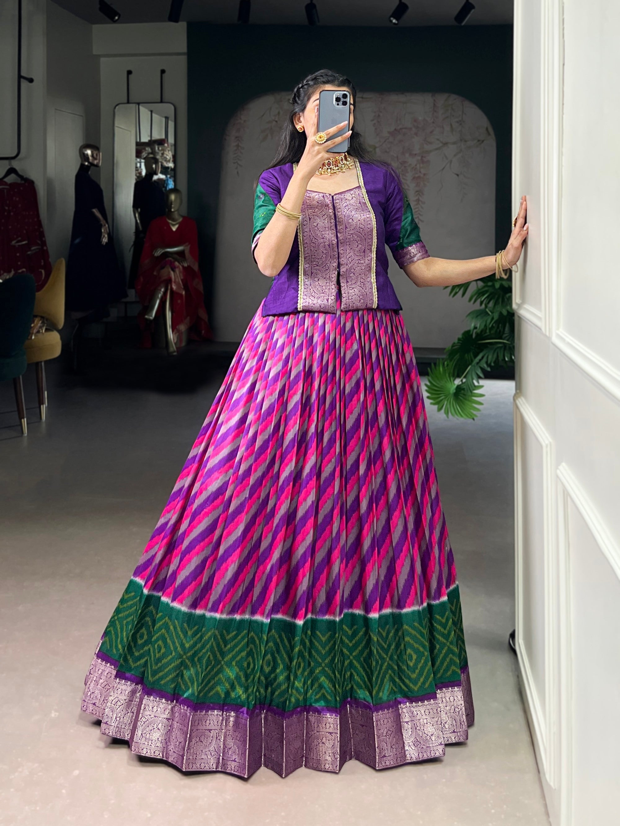 Lorenvalley Fashion Purple Tasar Silk Leheriya Print With Zari Weaving Work Lehenga Choli | Grocsy