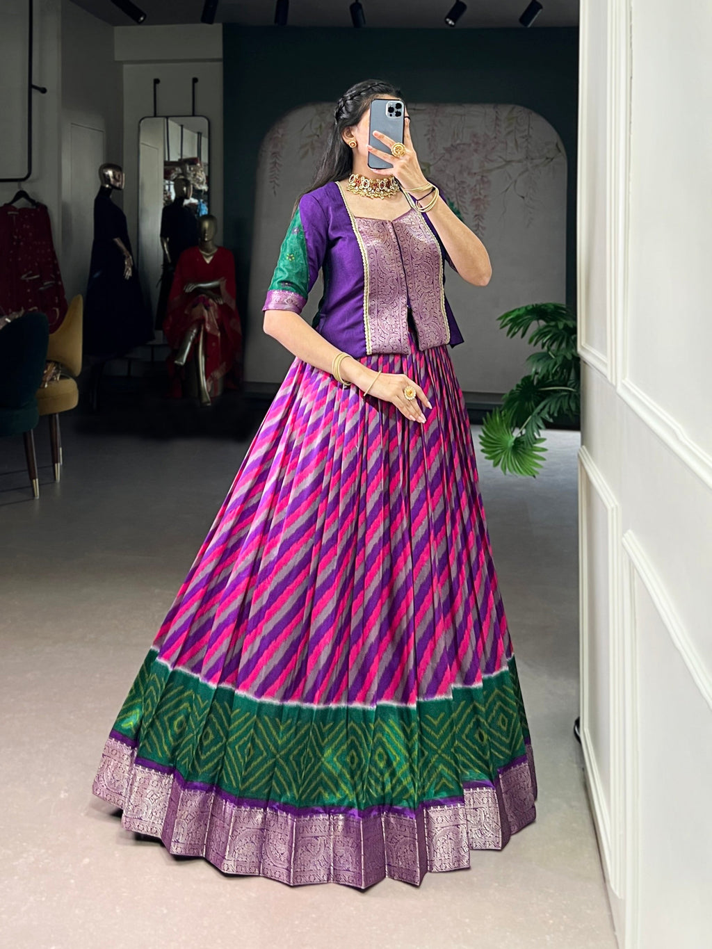Lorenvalley Fashion Purple Tasar Silk Leheriya Print With Zari Weaving Work Lehenga Choli | Grocsy